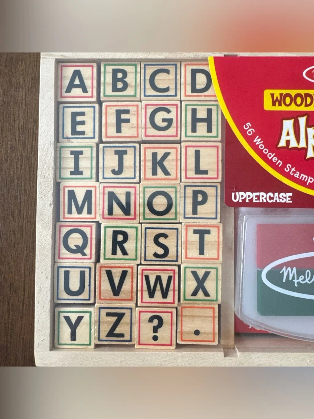 Melissa & Doug Wooden Alphabet Stamp Set 56 blocks and 4 color stamp pad NEW